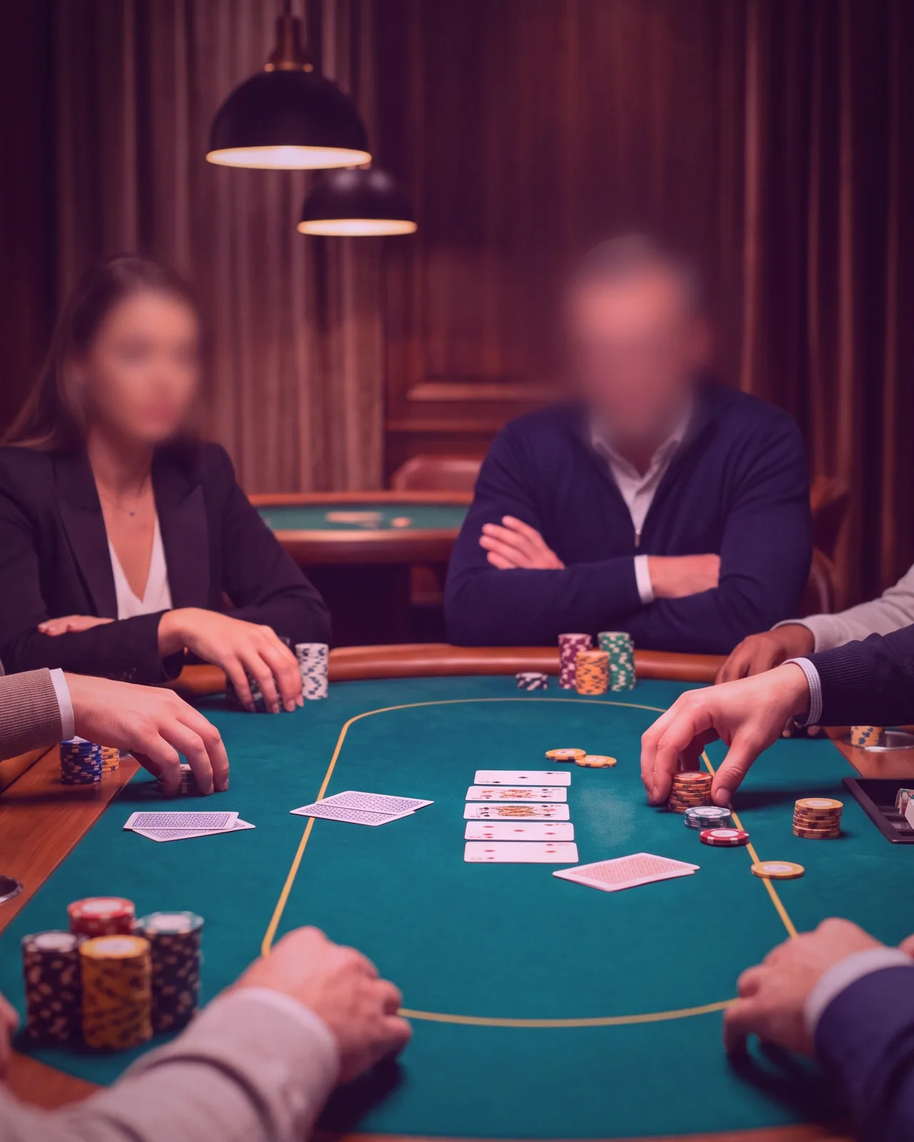 A dealer laying out a hand of cards across a table of deep green felt