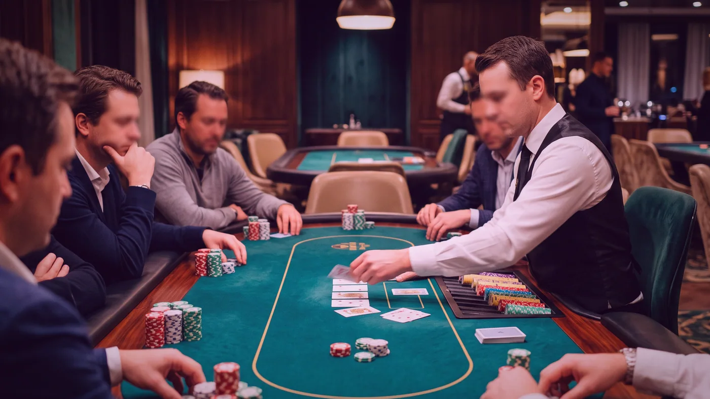 A card table dressed for bridge, four chairs drawn up around stacked chips
